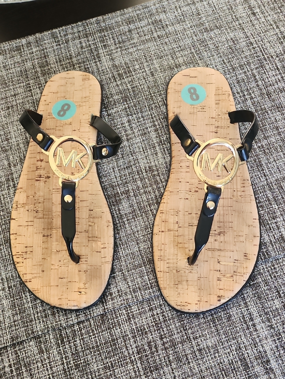Michael Kors Black and Gold MK Logo Cork-Style Thong Sandals